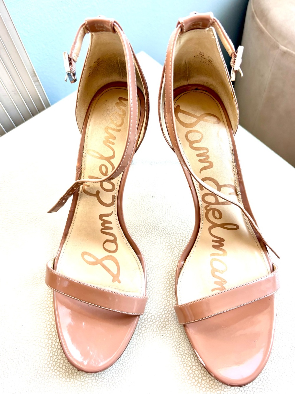 Sam Edelman Patti Tan Patent Ankle-Strap Sandal Heels